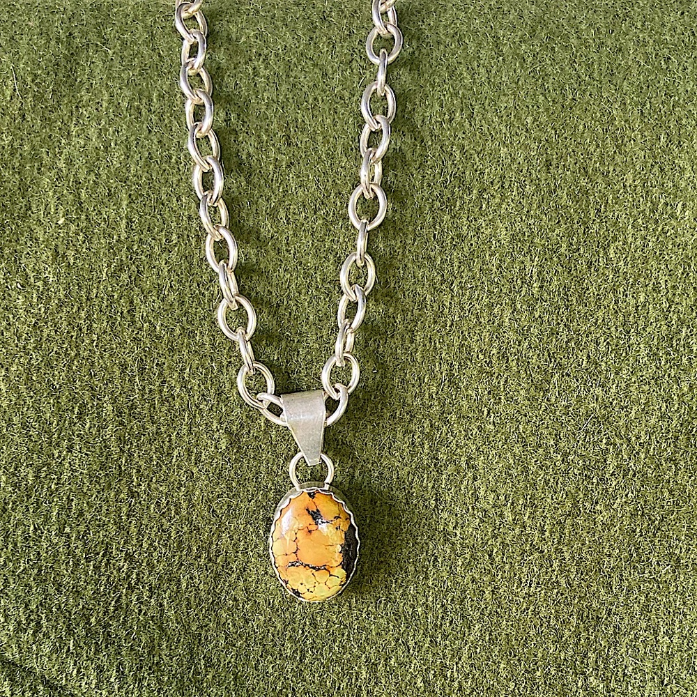 🤩 925 STERLING SILVER OVAL LINK NECKLACE & CABOCHON BUMBLEBEE JASPER PENDANT 🤩